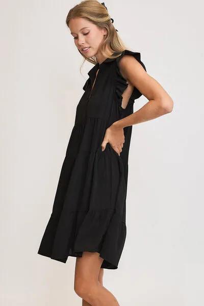 Shop the Stylish Collar Ruffle Cap Sleeve Tiered Black Dress for Any Occasion
