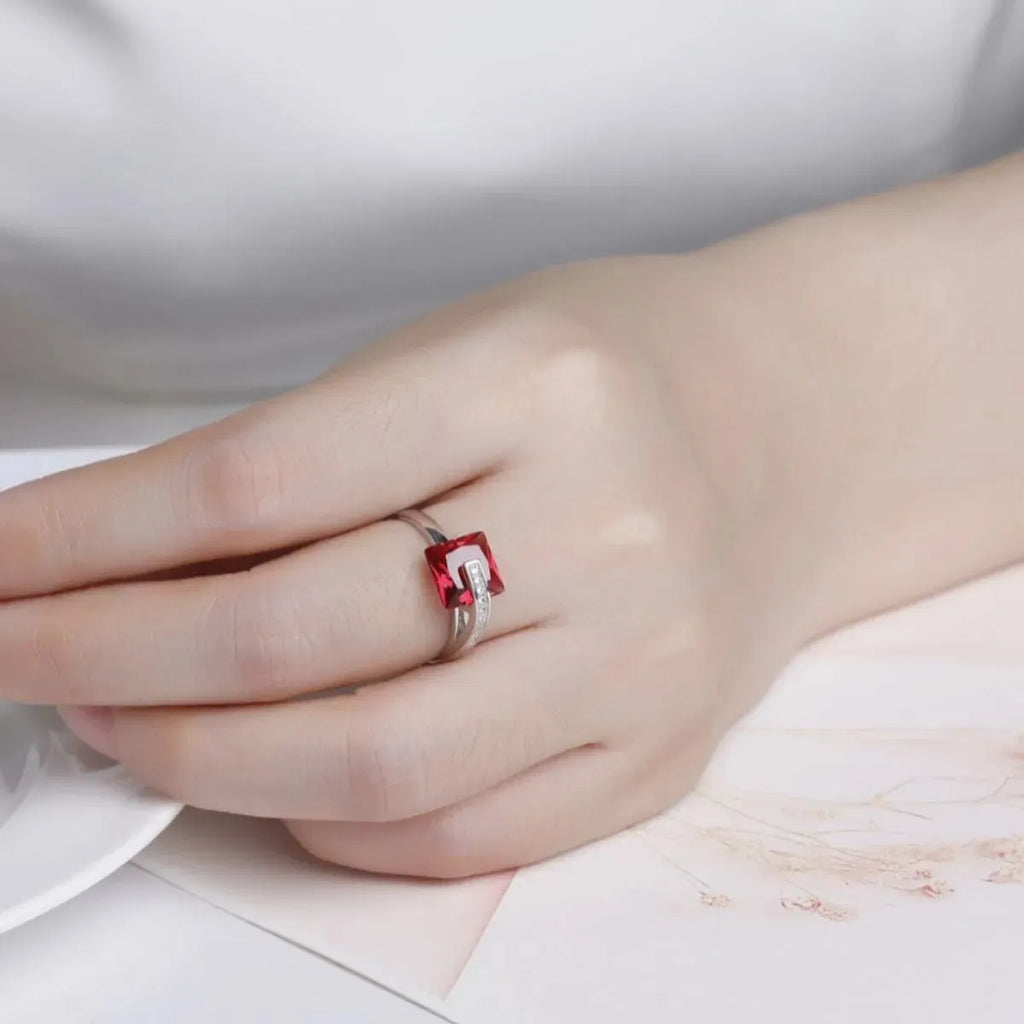 Platinum-Plated Sterling Silver Red Zircon Ring for Women