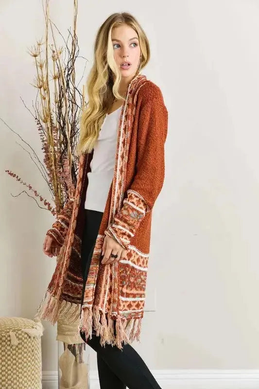 Fringe Hem Aztec Border Cardigan – Boho Chic Statement Layer for Cozy Style