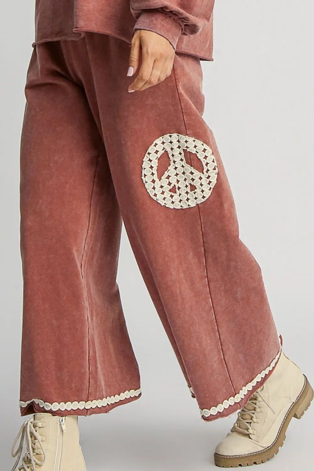 Wide-Leg Pants with Lace Applique in Mineral Wash Fabric in Rust Color