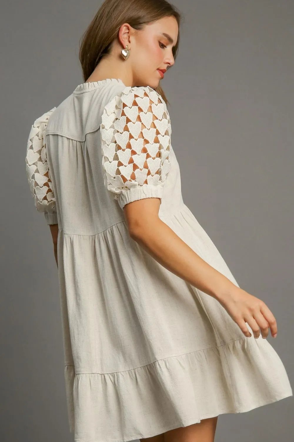 Romantic Ruffled Hem Heart Lace Sleeve Tie Neck Dress in Oatmeal Color