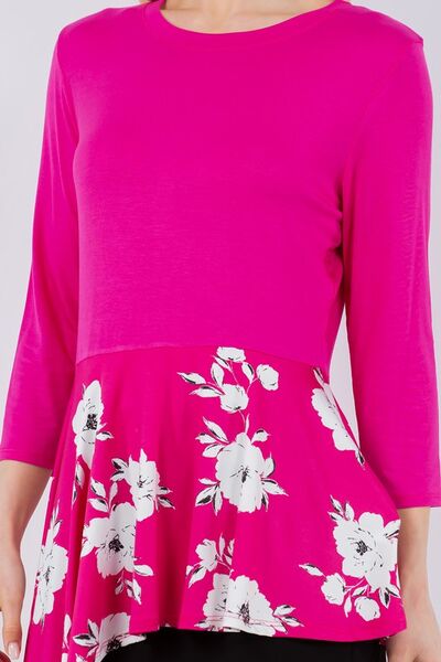 Hot Pink Floral Asymmetrical Hemline Round Neck Top Trendsi