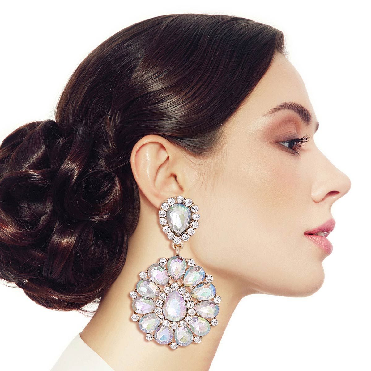 Ornate Crystal Clip On Earrings Aurora Borealis Teardrop Halo
