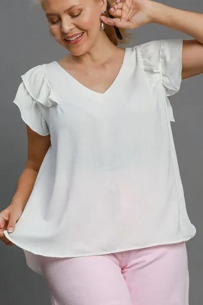 V-Neck Double Layered Ruffle Sleeve Blouse