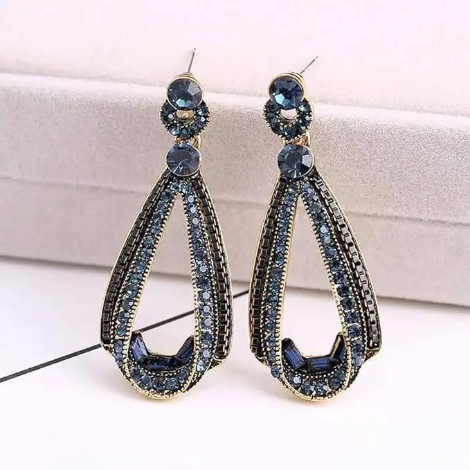 Sapphire Drop Earrings with Gold Accents, Fashion Dangle Jewelry