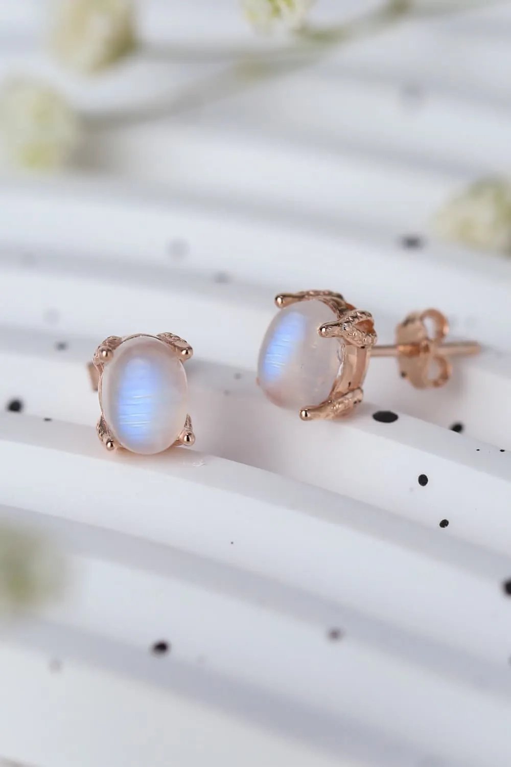 Natural Moonstone Stud Earrings – S925 Sterling Silver with Platinum & Rose Gold Plating