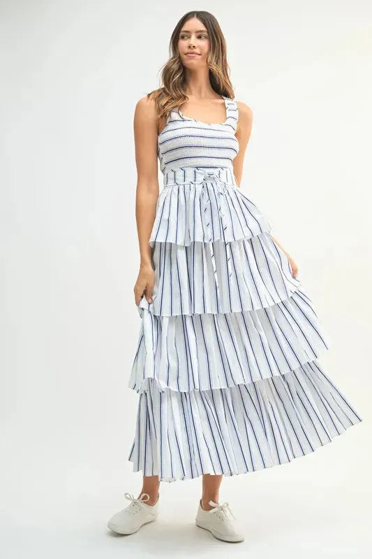 Pinstripe Smocked Bodice Layered Midi Dress – Chic & Versatile