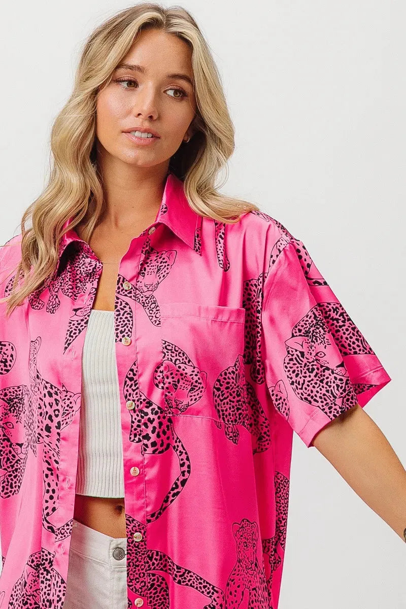 Fuchsia Leopard Print Satin Shirt Top – Trendy Women’s Fashion Statement