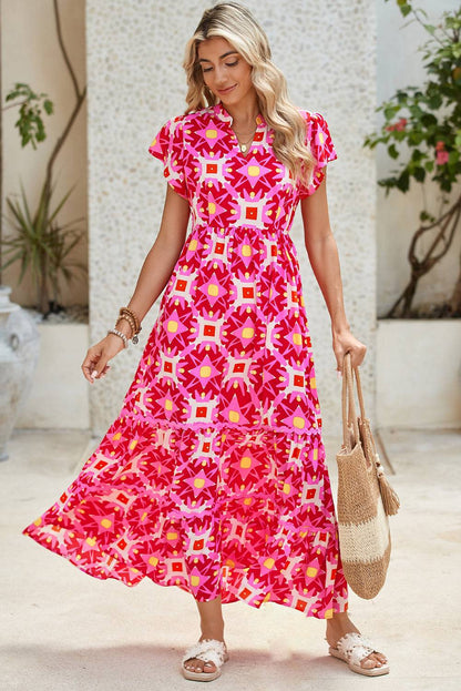 Abstract Print Maxi Dress – Vibrant Pink Boho Style with Flounce Sleeves & Pleated Detail Shewin