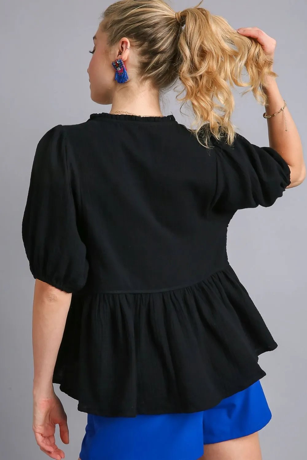 Romantic Cotton Gauze Multicolor Floral Embroidery Babydoll Black Blouse