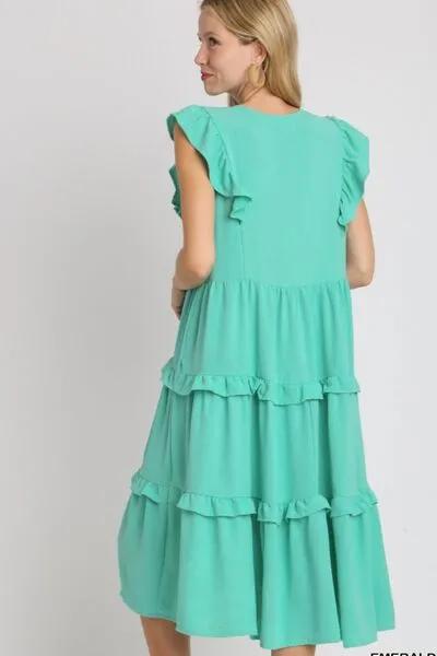 Ruffle Tiered Cap Sleeve Midi Dress