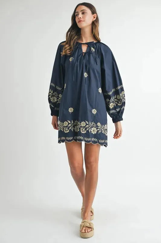 Embroidered Long Sleeve Peasant Mini Dress: Boho Elegance Redefined