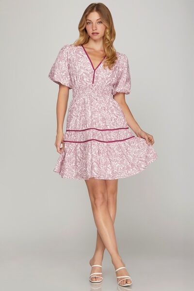 Printed V-Neck Puff Sleeve Tiered Dress Trendsi