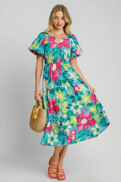 Stunning Tiered Multicolor Floral Midi Dress With Puff Sleeves - Perfect for Spring/Summer Occasion