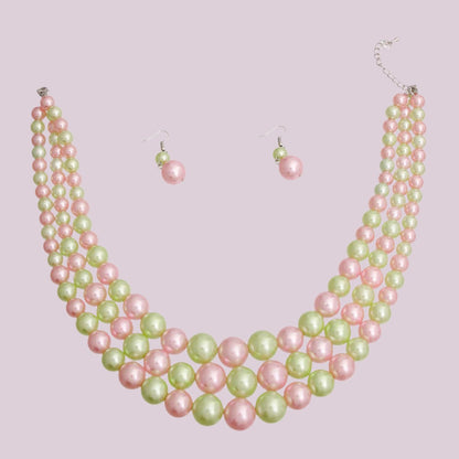 Layered Pearl Perfection: Pink & Green 3-Strand Necklace Set