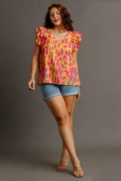 Spice Things Up: Abstract Print V-Neck Double Layer Ruffle Sleeve Blouse