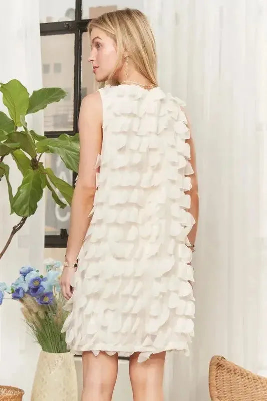 Sleeveless Shift 3D Petal Dress: Elegant Above-the-Knee Floral Statement