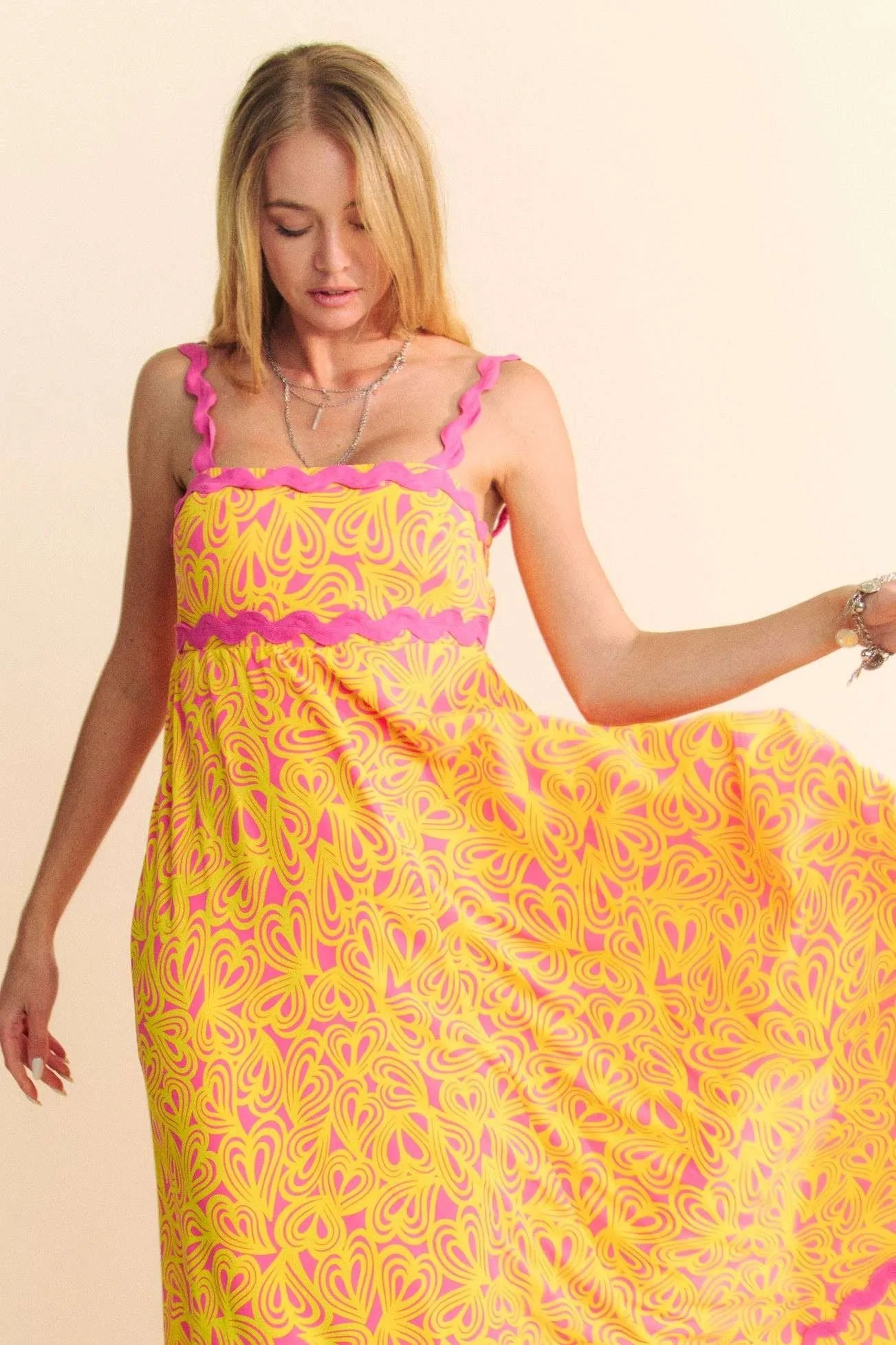 Davi & Dani Geo 2 Tone Printed Wavi Trim Tiered Maxi Dress Trendsi