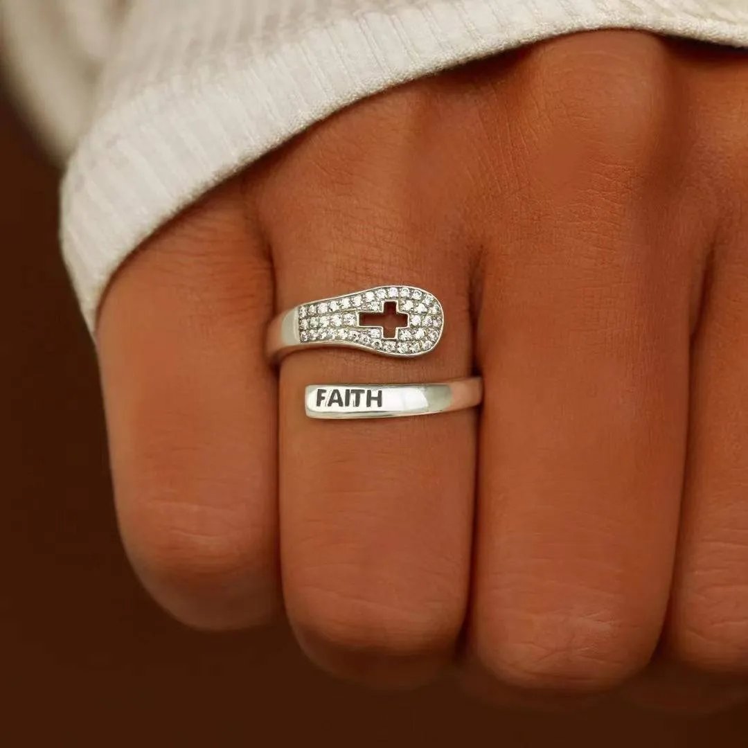 Sterling Silver Faith Cross Ring - Adjustable Dainty Christian Jewelry Micro Zircon Inlay