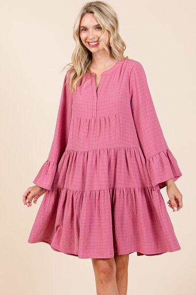 Rose Color Tiered Notched Flare Sleeve Dress Trendsi