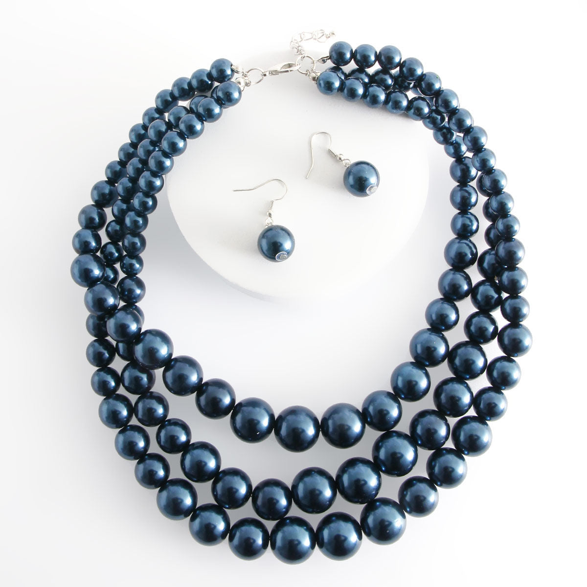 Navy Blue Pearl Necklace Set Three Strand Acrylic Beads Rhodium Alloy