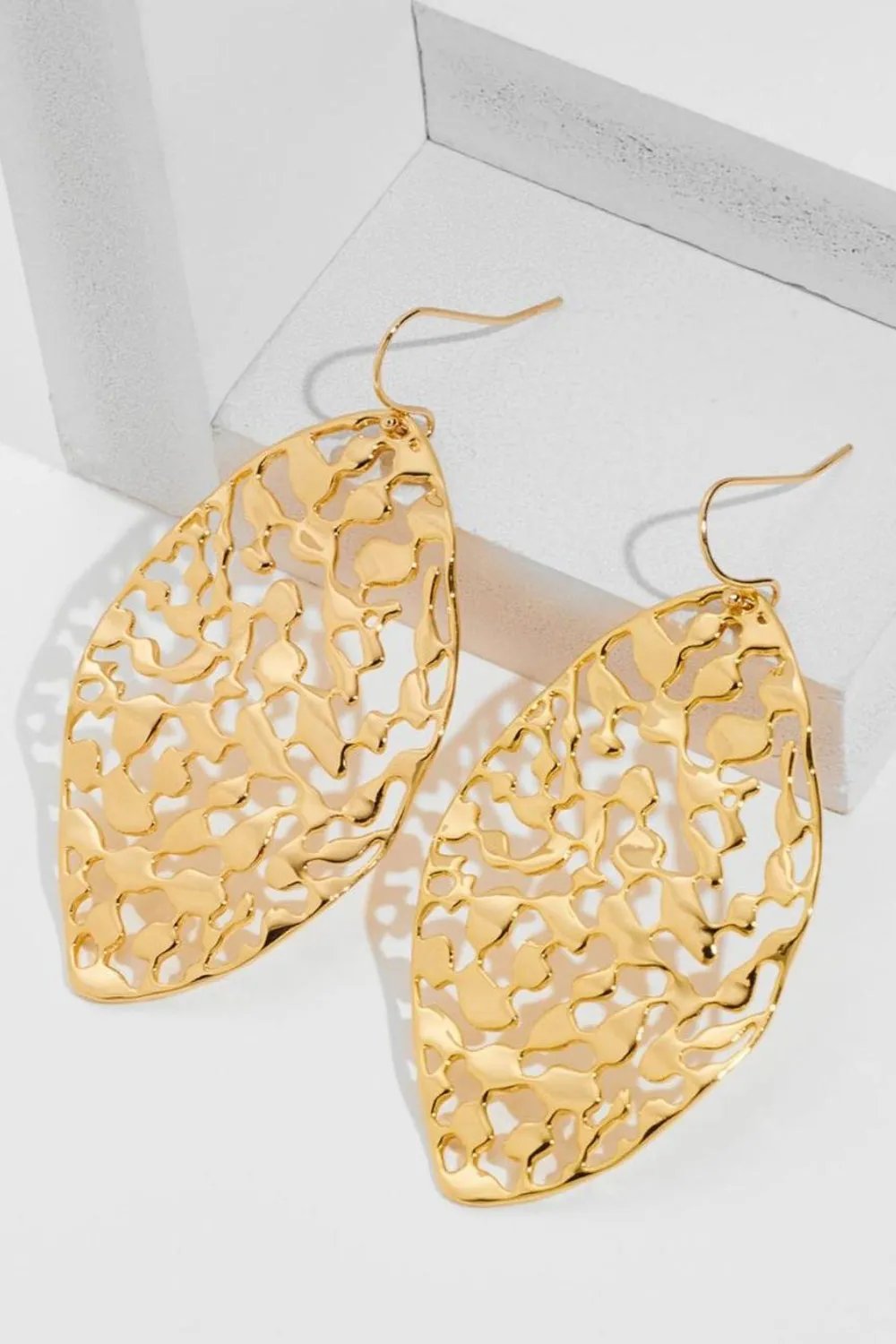 Gold-Plated Leaf Dangle Earrings - Intricate Cutout Design