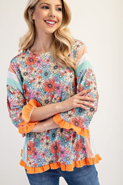 Ruffle Sleeve Floral Color Block Top Trendsi