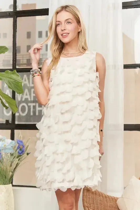 Sleeveless Shift 3D Petal Dress: Elegant Above-the-Knee Floral Statement