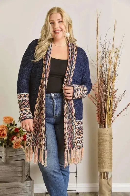 Fringe Hem Aztec Border Cardigan – Boho Chic Statement Layer for Women
