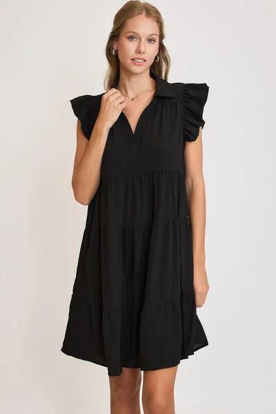 Shop the Stylish Collar Ruffle Cap Sleeve Tiered Black Dress for Any Occasion