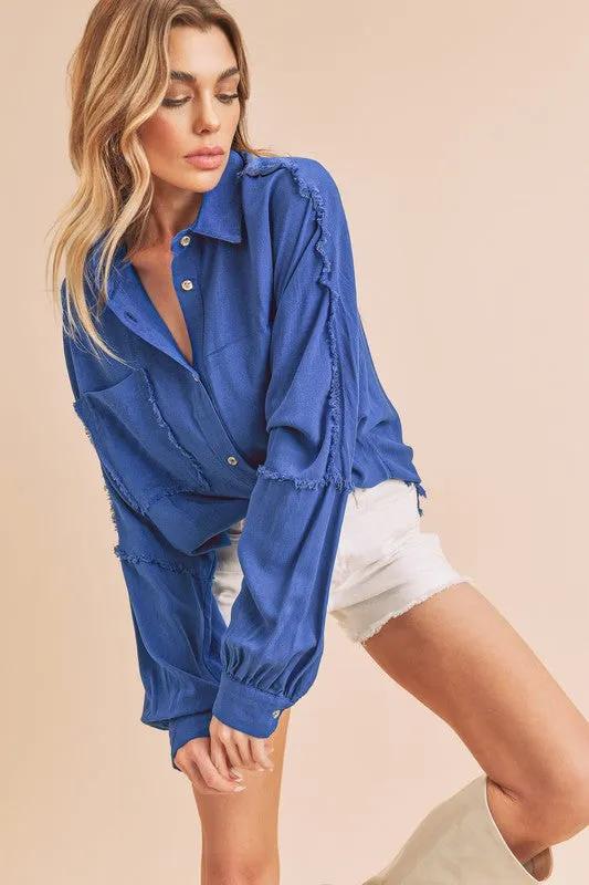 Raw Edge Exposed Seam Collared Neck Long Sleeve Shirt in Royal Blue Fashion
