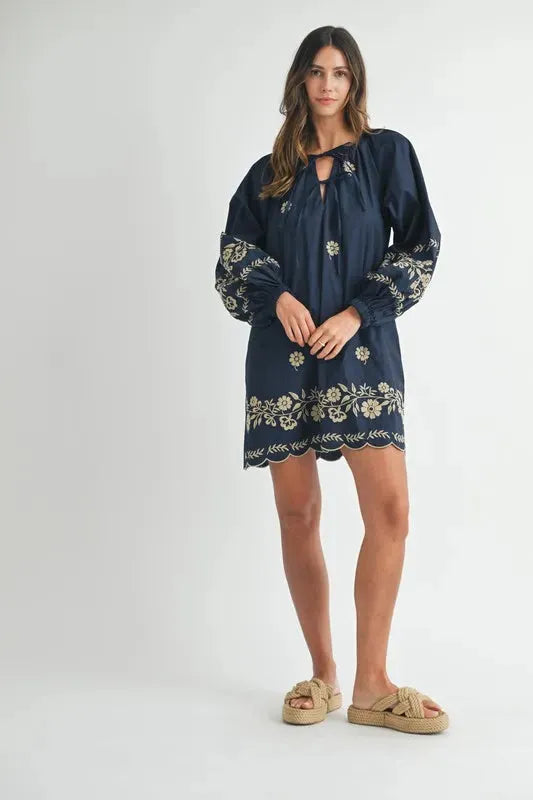 Embroidered Long Sleeve Peasant Mini Dress: Boho Elegance Redefined