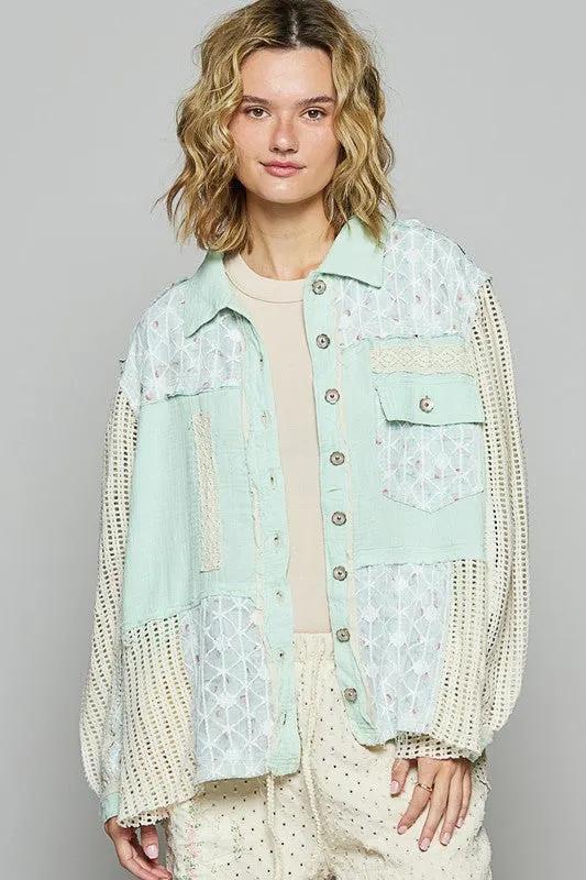 Lace Trim Crochet Denim Jacket - Pale Mint Green
