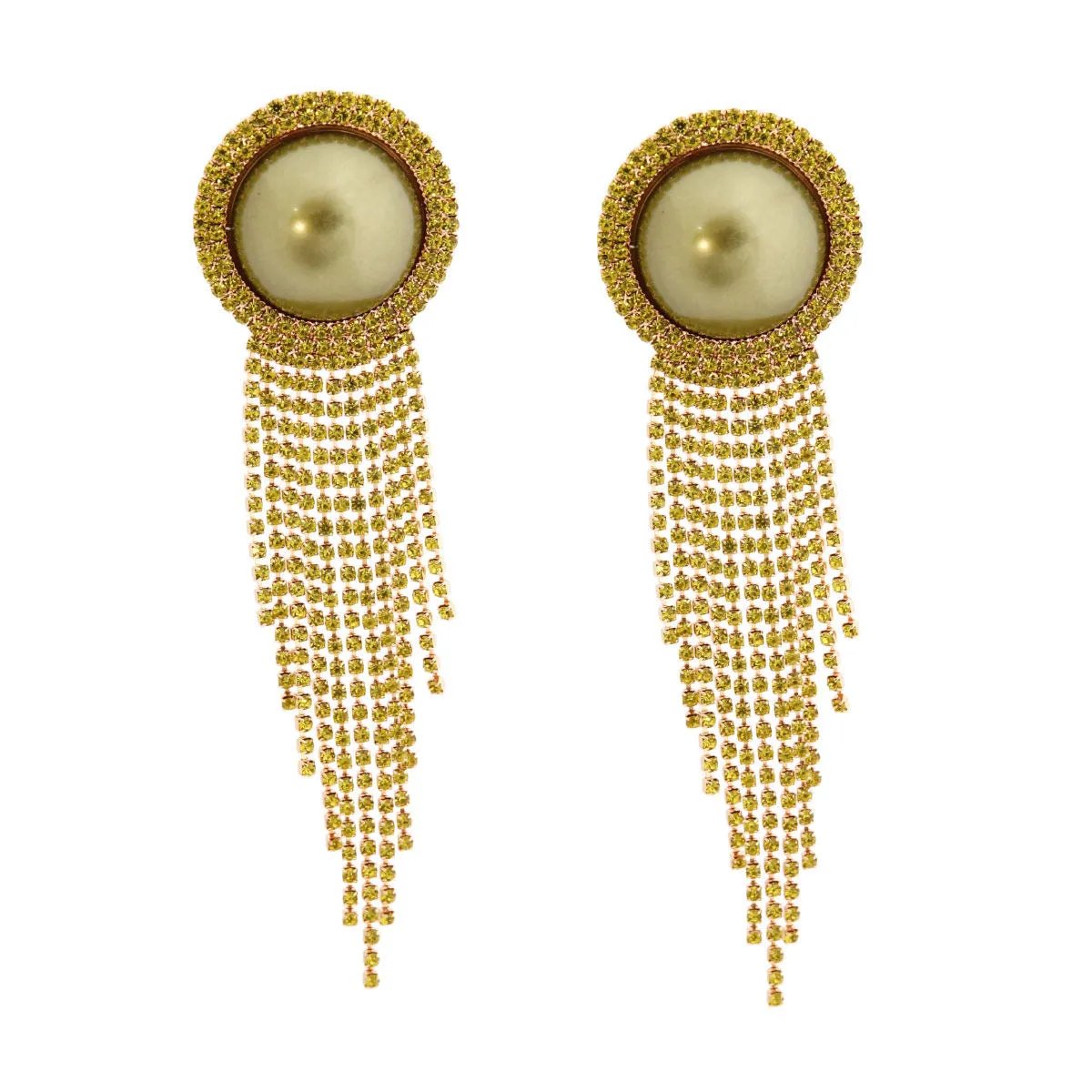 Gold Tone Clip-On Earrings Olive Faux Pearl & Rhinestone Fringe | Fashion Jewelry
