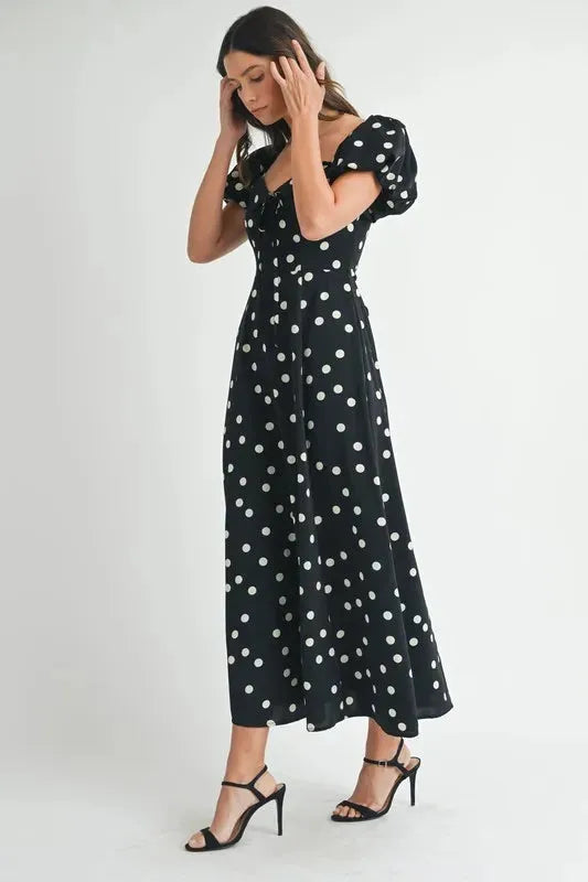 Polka Dot Puff Sleeve Midi Dress: Timeless Elegance for Any Occasion in Black