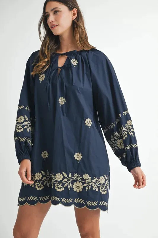 Embroidered Long Sleeve Peasant Mini Dress: Boho Elegance Redefined