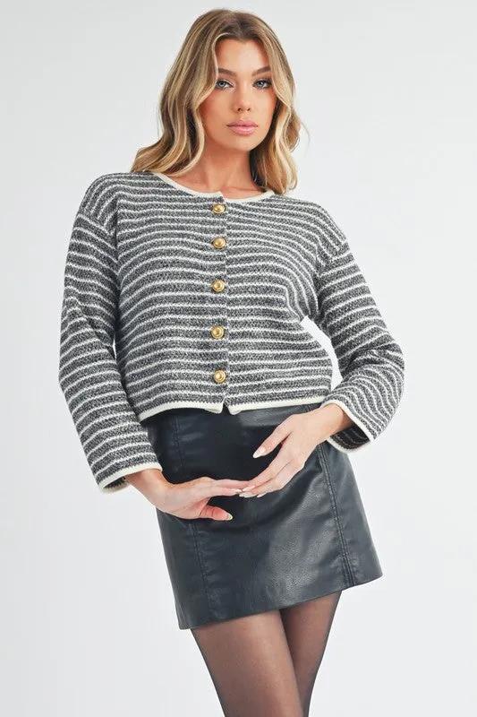 Striped Button Down Round Neck Cardigan