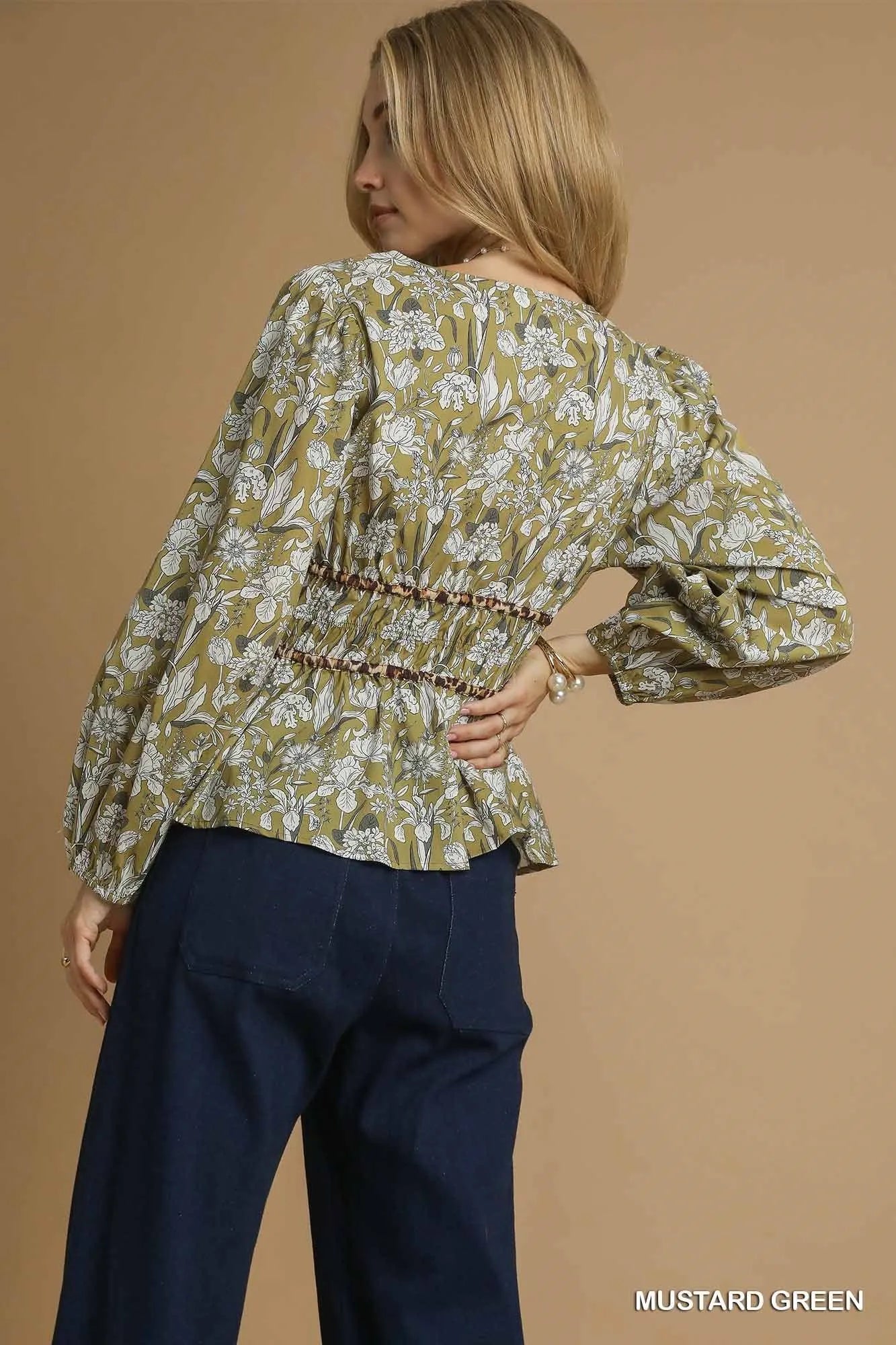 Umgee Floral Smocked Peplum Blouse with Tie Detail