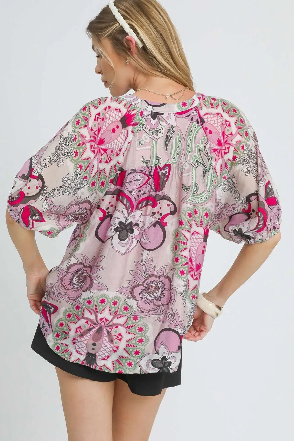 Umgee Floral Print Half Sleeve Blouse