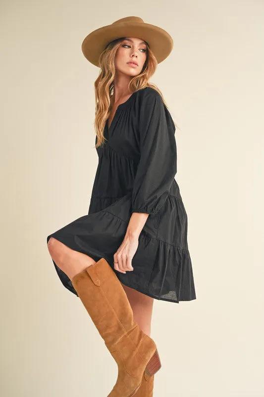 Notched Balloon Sleeve Tiered Mini Dress