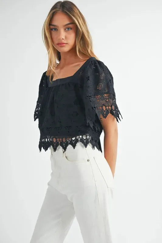 Romantic Square Neck Crochet Lace Top with Double Bow Tie