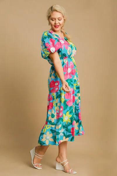 Stunning Tiered Multicolor Floral Midi Dress With Puff Sleeves - Perfect for Spring/Summer Occasion