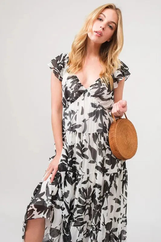 Elegant Ruffled Sleeve Tiered Floral Maxi Dress