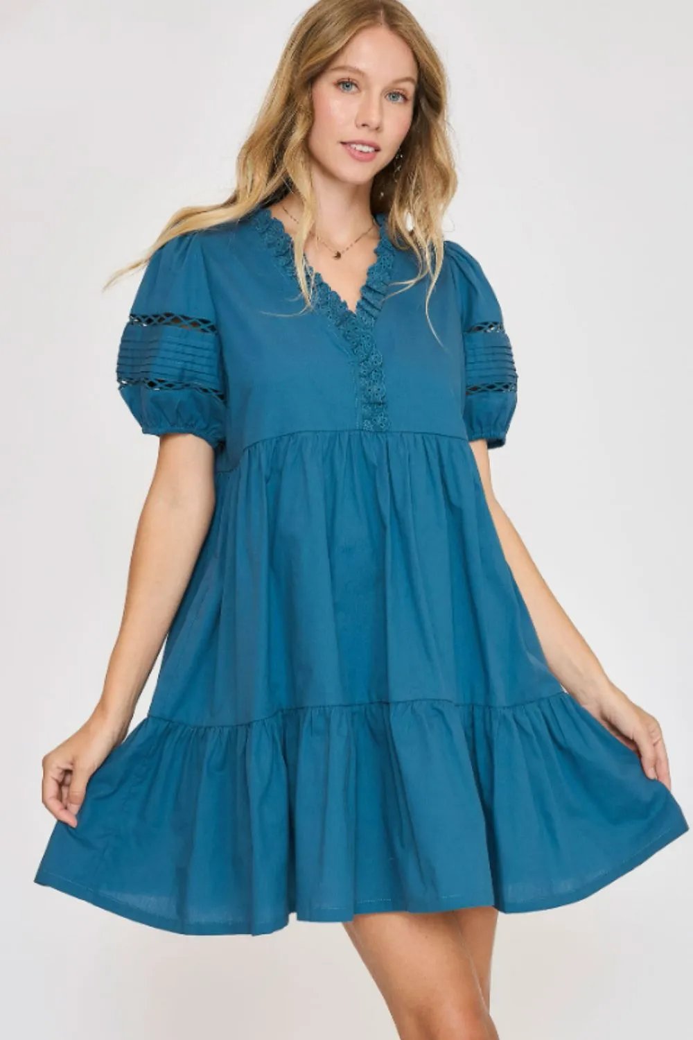 Lace Detail Puff Sleeve Mini Dress