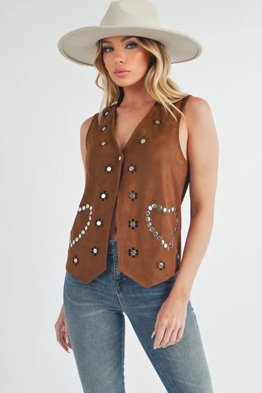 Brown Heart Rivet Suede Vest | Stylish Sleeveless Layering Piece for Women