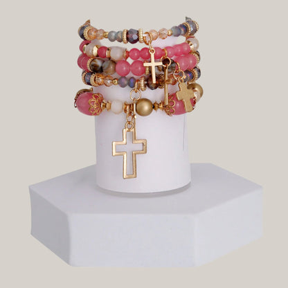 Bohemian Cross Charm Stretch Bracelet Stack