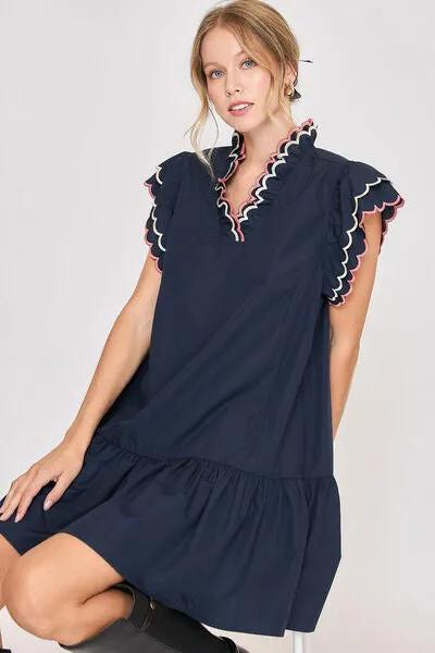 Ruffled Scalloped Sleeved Dark Navy Dress - Timeless Elegance