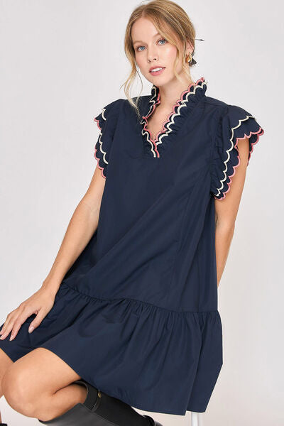 Ruffled Scalloped Sleeved Dark Navy Dress - Timeless Elegance Trendsi