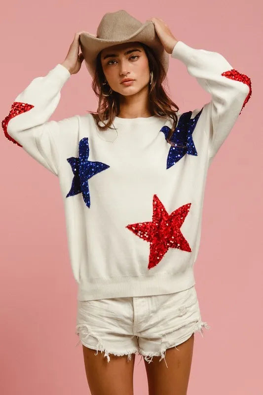 BiBi Velvet Sequin Star Patches Sweater Top