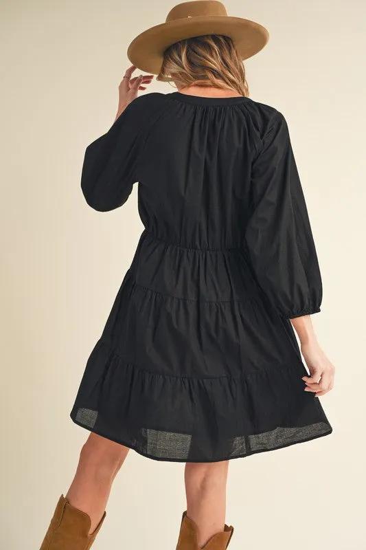 Notched Balloon Sleeve Tiered Mini Dress